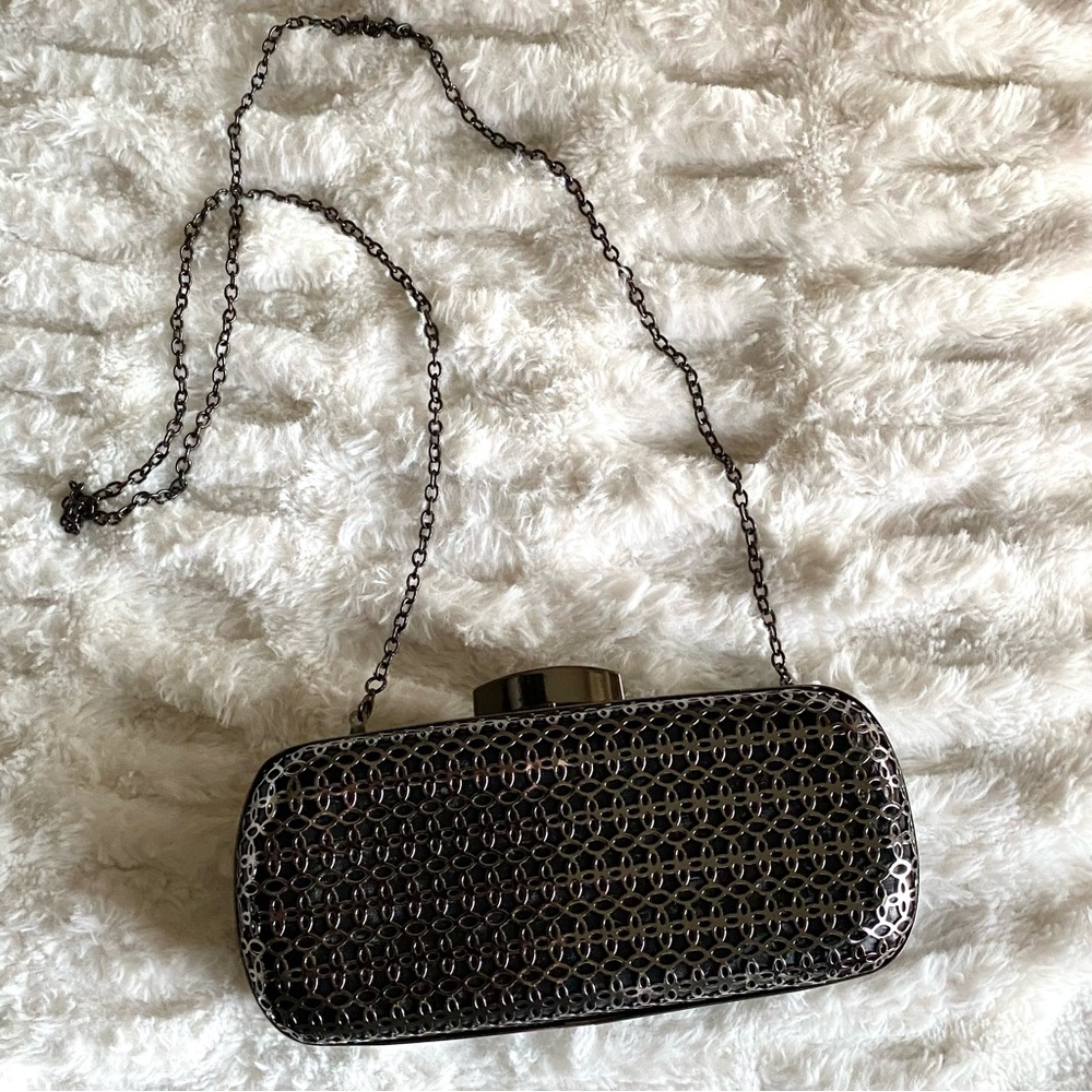 Gunmetal Hard Shell Clutch Handbag with Optional Chain Strap